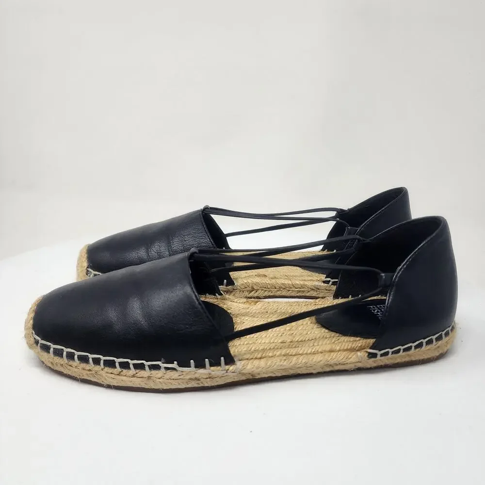 Eileen Fisher Lee Espadrille Flat Women 8 Black Leather D'Orsay Stretch Straps